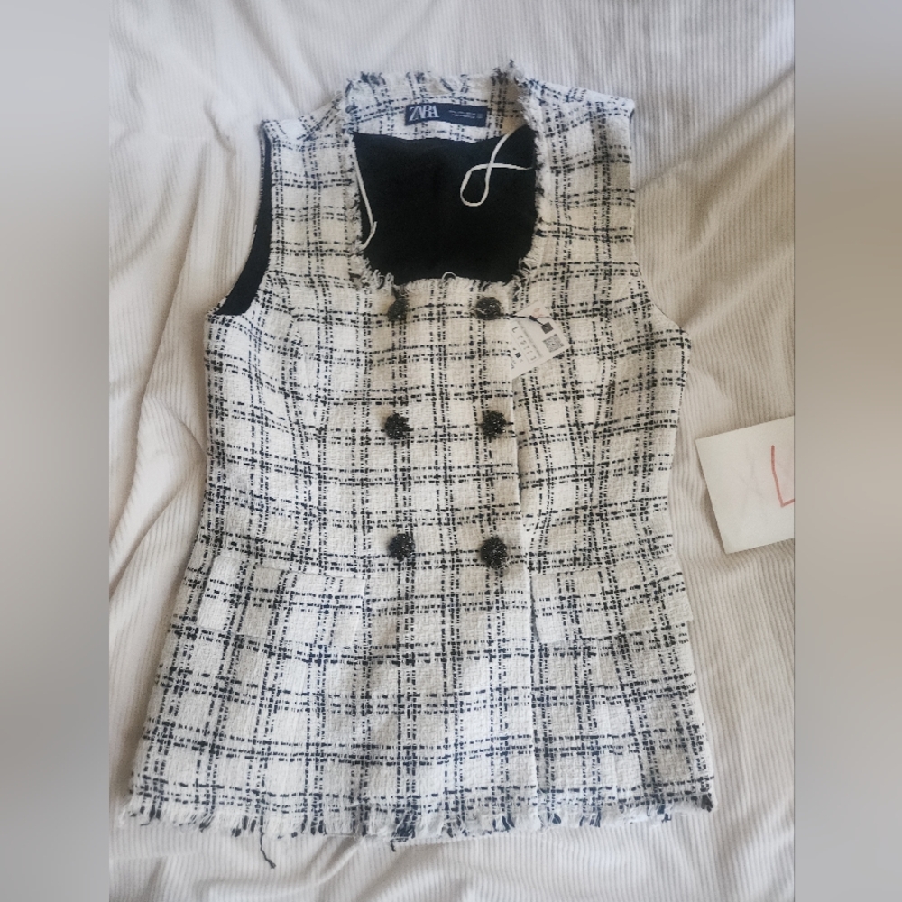 ZARA Textured Plaid Waistcoat Vest Ecru/black BNWT. - Picture 10 of 16